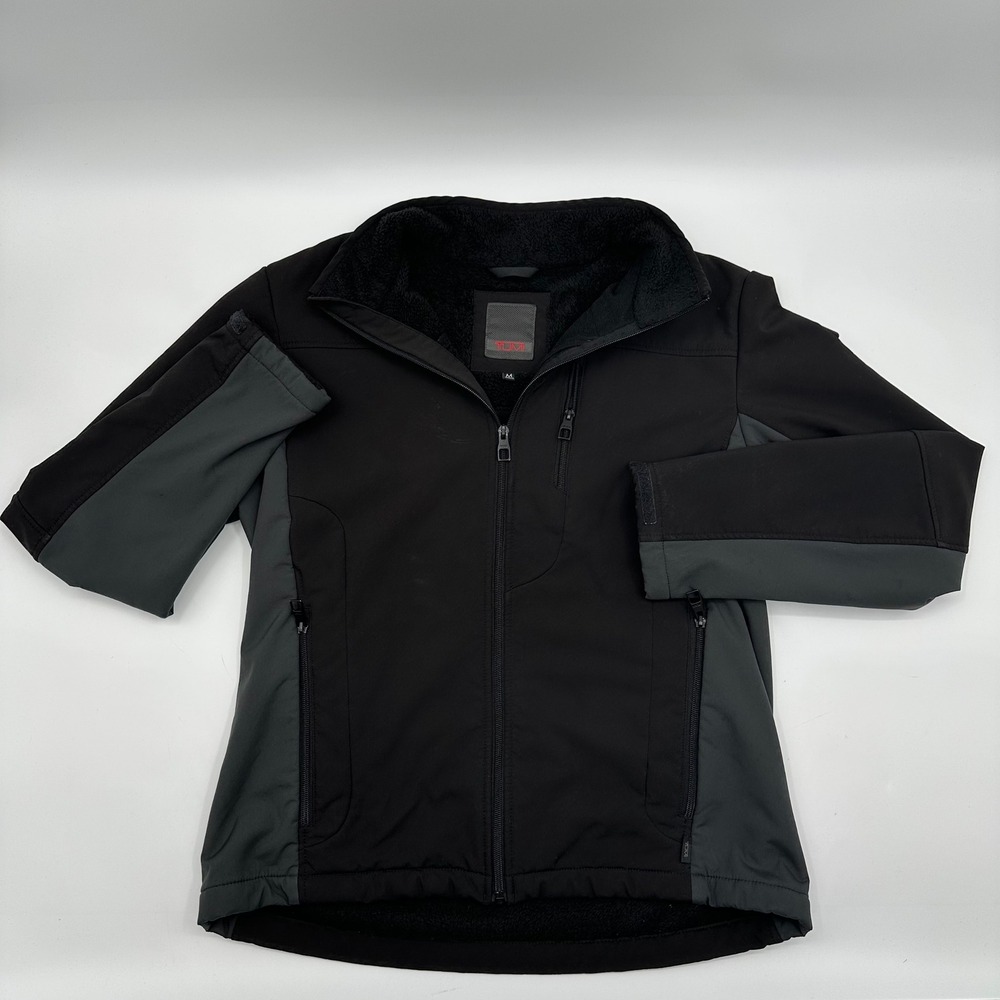 Tumi Mens Medium Softshell Fleece Lined Jacket Black Grey Full Zip F97221 READ